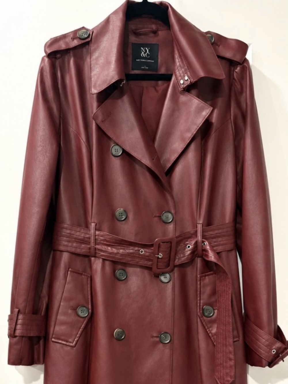 New York & Company Burgundy Leather Trench Coat with Belt